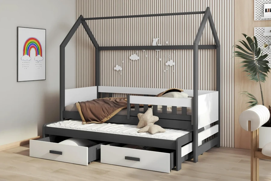 Hausbett für Kinder in Anthrazit und Weiß mit Rausfallschutz, Ausziehbett und zwei Schubladen.