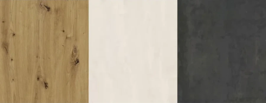 Materialmuster in Eiche, Cremeweiß und Anthrazit für moderne Möbeldesigns.