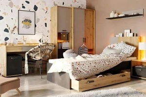 L-QU12 120x200 Artisan Eiche / Blanker Stahl / Silk Flou Jugendbett Einzelbett Deine Möbel