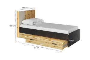 L-QU12 120x200 Artisan Eiche / Blanker Stahl / Silk Flou Jugendbett Einzelbett Deine Möbel