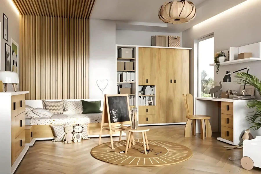 Modernes Kinderzimmer-Set bestehend aus Bett, Schreibtisch und Kleiderschrank in Eiche-Weiß.