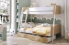 Weißes Kinder-Etagenbett in Holzoptik mit Leiter und zwei großen Bettschubladen.