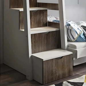 MAYA 90x200/120x200 Weiß + Walnuss Etagenbett mit Treppe und Schubladen Deine Möbel