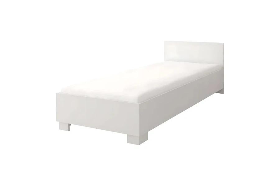Modernes weißes Einzelbett mit Matratze für Kinder- oder Jugendzimmer.