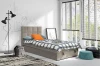 Beiges Polsterbett mit gestepptem Kopfteil und blau-weiß karierter Bettwäsche in hellem Zimmer.