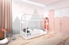 Gemütlich eingerichtetes Kinderzimmer mit weißem Hausbett und dekorativer Berg-Wandgestaltung.