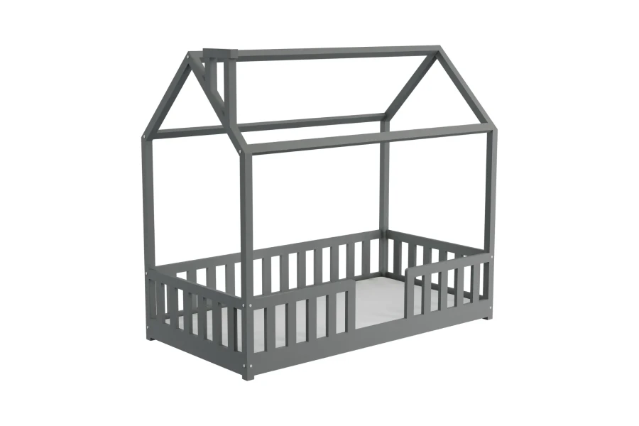 Stabiles Kinderbett Hausbett-Gestell in Grau aus Holz mit umlaufendem Rausfallschutz.