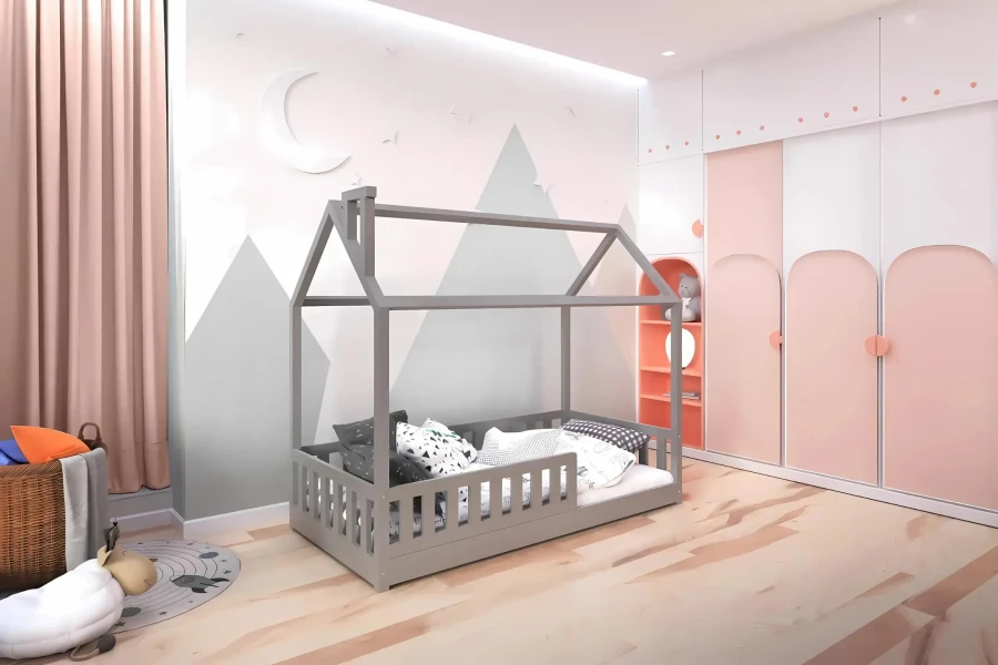 Graues Hausbett aus Holz für Kinder in einem modern eingerichteten Kinderzimmer.