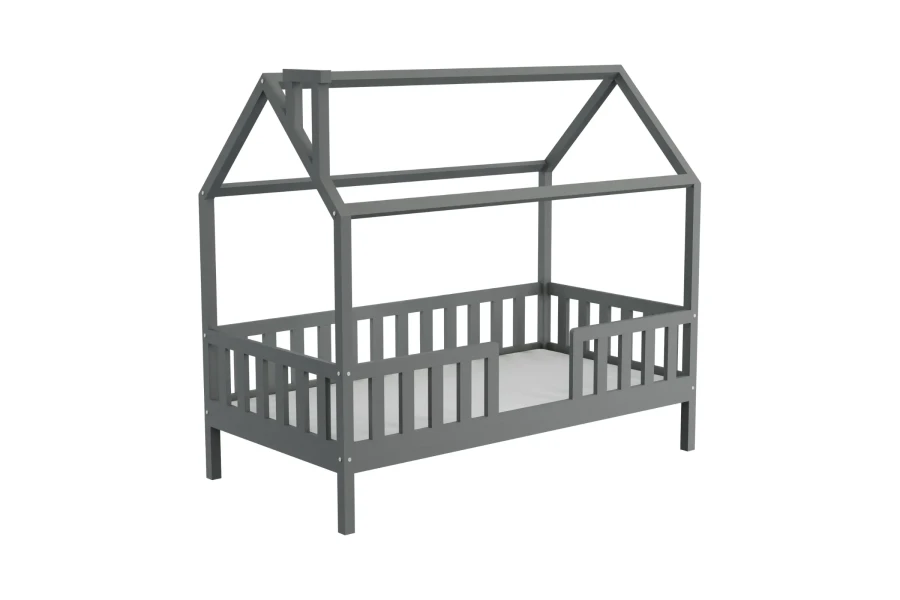Modernes Hausbett für Kinder in Grau, schlichtes Design aus Holz auf weißem Hintergrund isoliert.