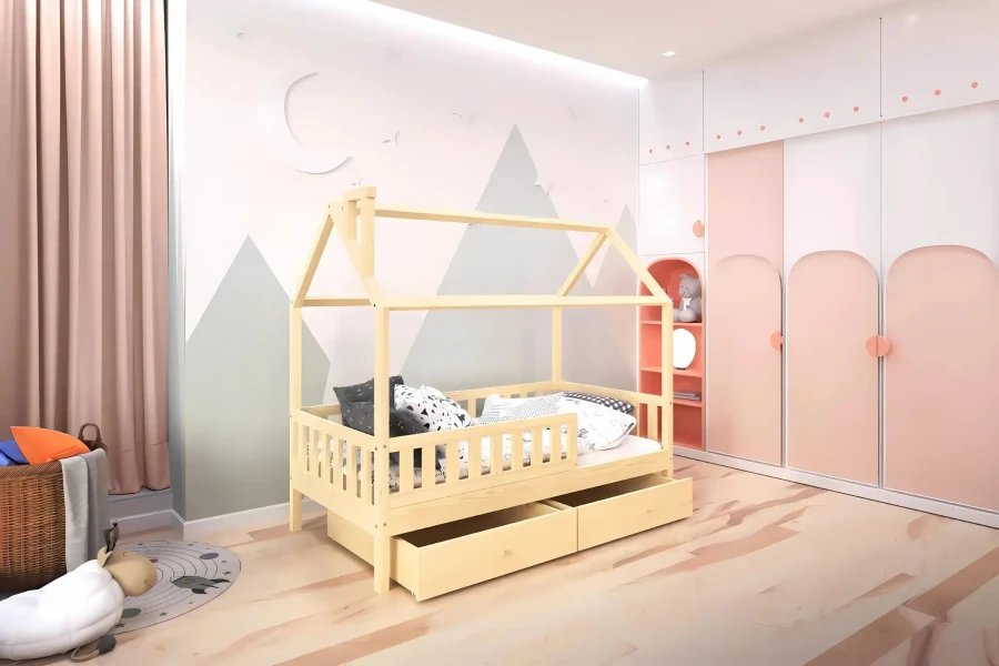 Hausbett im hellen Kinderzimmer mit Bergwand-Design und passendem Kleiderschrank in Rosa.