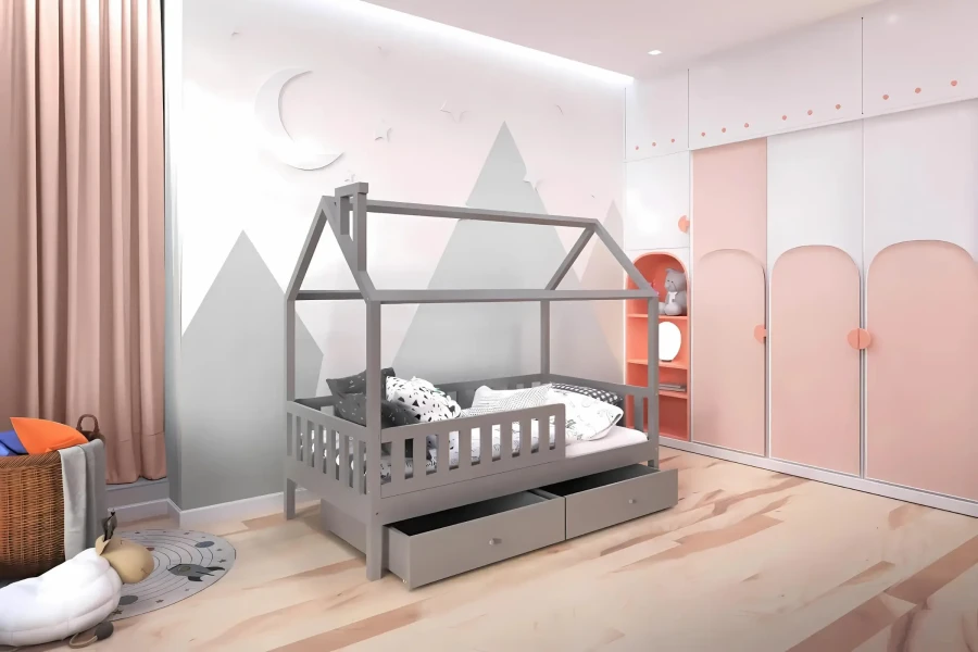 Graues Hausbett für Kinder mit Schubladen in einem stilvoll eingerichteten Kinderzimmer.