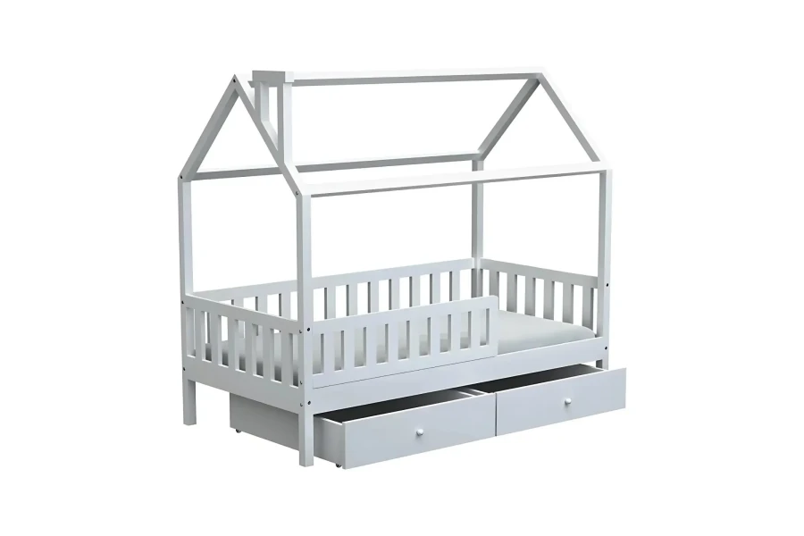 Weißes Hausbett aus Massivholz für Kinder mit Rausfallschutz und zwei Schubladen.