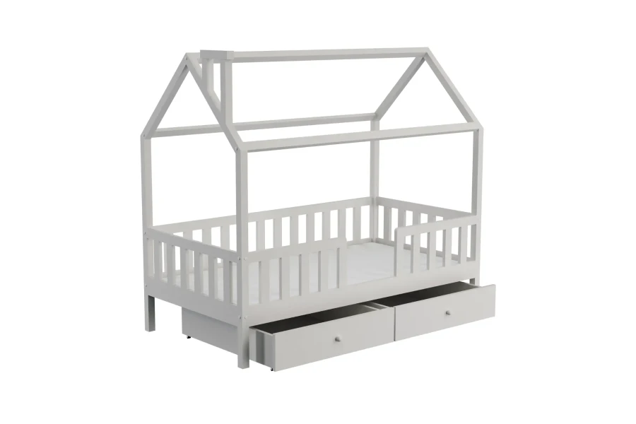 Stabiles Kinderhausbett in Weiß mit praktischem Stauraum durch zwei Bettkästen.