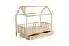 Massivholz-Hausbett für Kinder mit integriertem Rausfallschutz und praktischem Bettkasten.