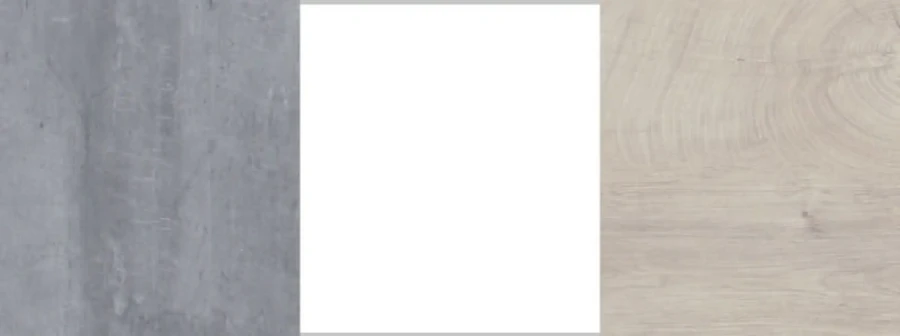 Farbauswahl für Möbel: Oberflächen in Betonoptik, Weiß und heller Eiche-Holzstruktur.