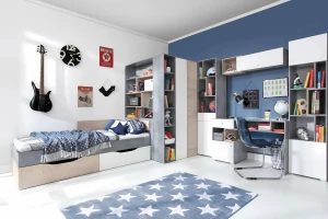 SIMON S16 120x200 Weiß + Grau + Eiche Kinderbett Einzelbett mit Schubladen Deine Möbel