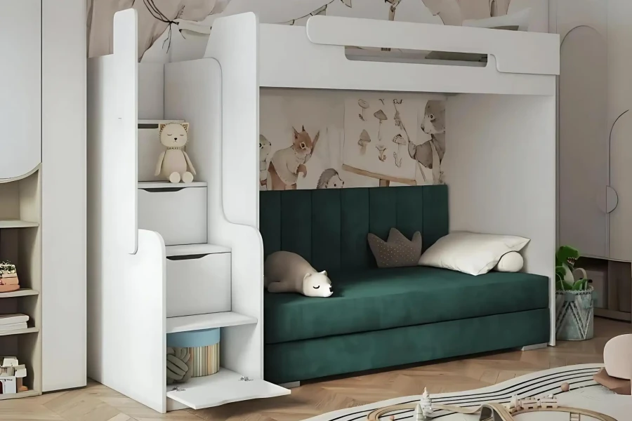 Weißes Kinder-Hochbett mit Stauraum-Treppe und integriertem grünem Schlafsofa.