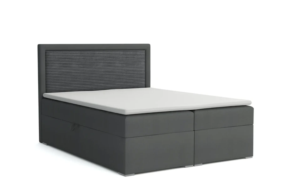 Dunkelgraues Boxspringbett mit gestreiftem Kopfteil und integriertem Stauraum.