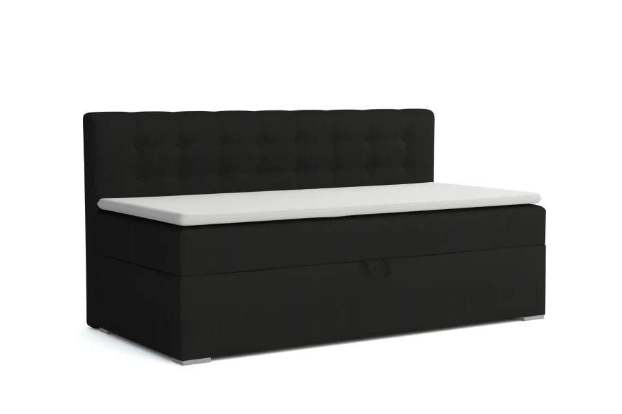 Elegantes schwarzes Polsterbett mit gestepptem Kopfteil und weißem Topper.