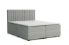 Modernes Boxspringbett in Hellgrau mit gepolstertem Kopfteil und praktischem Bettkasten.