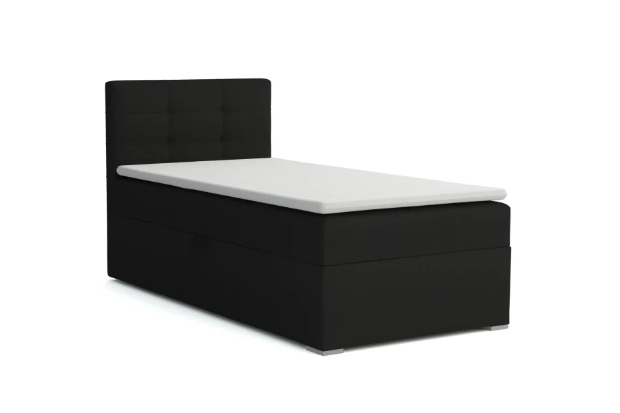 Graues Polsterbett im schlichten Design mit komfortabler Matratze und Topper für das Schlafzimmer.