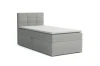 Graues Boxspringbett 90x200 cm mit gepolstertem Kopfteil und integriertem Bettkasten.