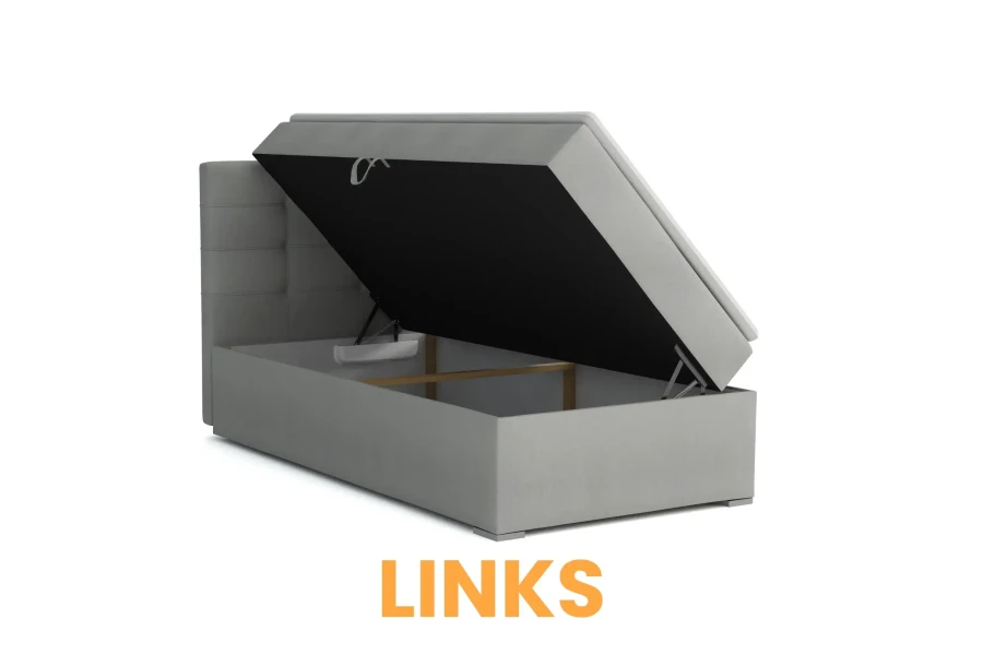 Graues Boxspringbett mit nach links öffnendem Bettkasten für praktischen Stauraum.