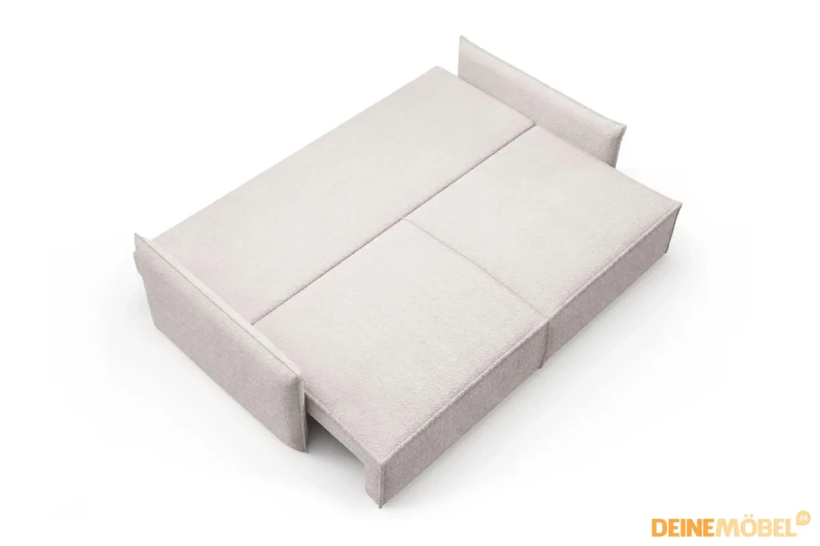Schlafsofa komplett zum Bett ausgeklappt in heller Bouclé-Optik.