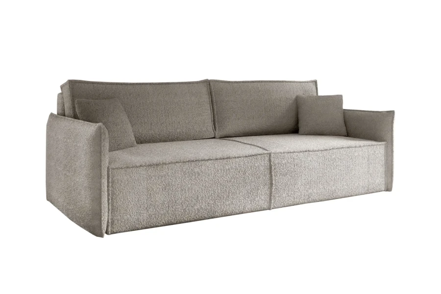 Modernes Polstersofa in Taupe mit strukturiertem Bouclé-Stoff.