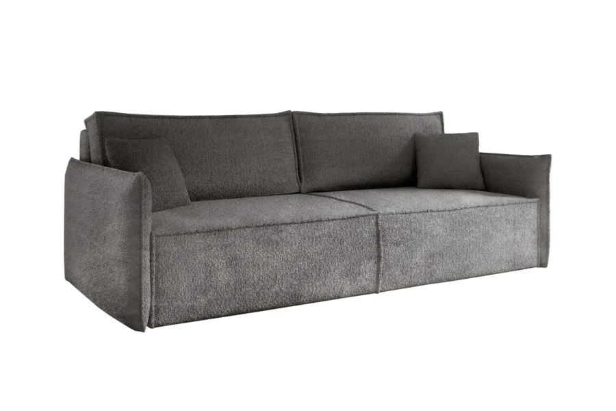 Modernes dunkelgraues Bouclé-Sofa Pedro mit weicher Textur und Zierkissen, minimalistisches Wohnzimmer-Design.