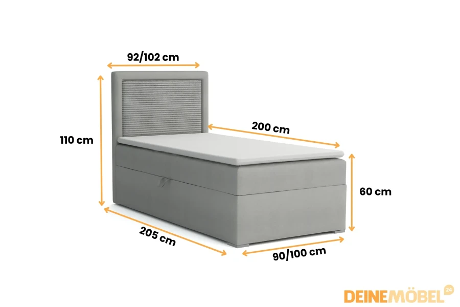 Detaillierte Maße des Boxspringbetts JAX: Höhe 110cm, Länge 205cm und verschiedene Breiten.