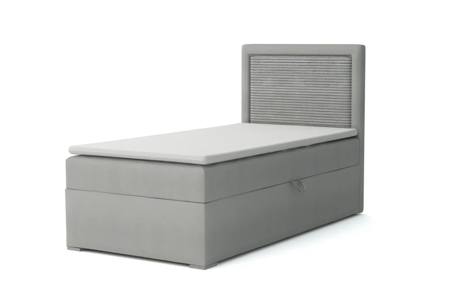 Modernes Boxspringbett in Grau mit strukturiertem Kopfteil, freigestellt für Produktansicht.