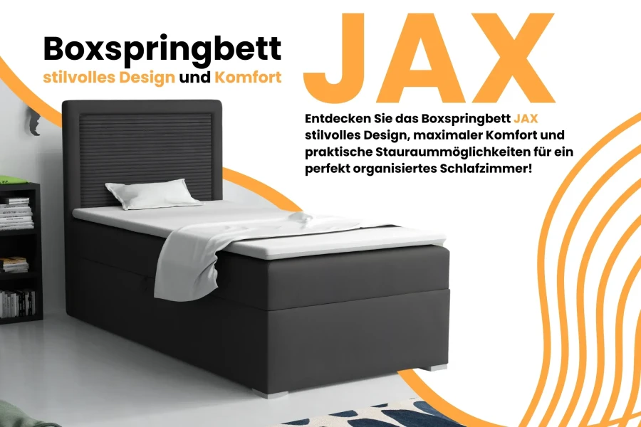 Werbegrafik für Boxspringbett JAX: Stilvolles Design, maximaler Komfort und praktischer Stauraum.