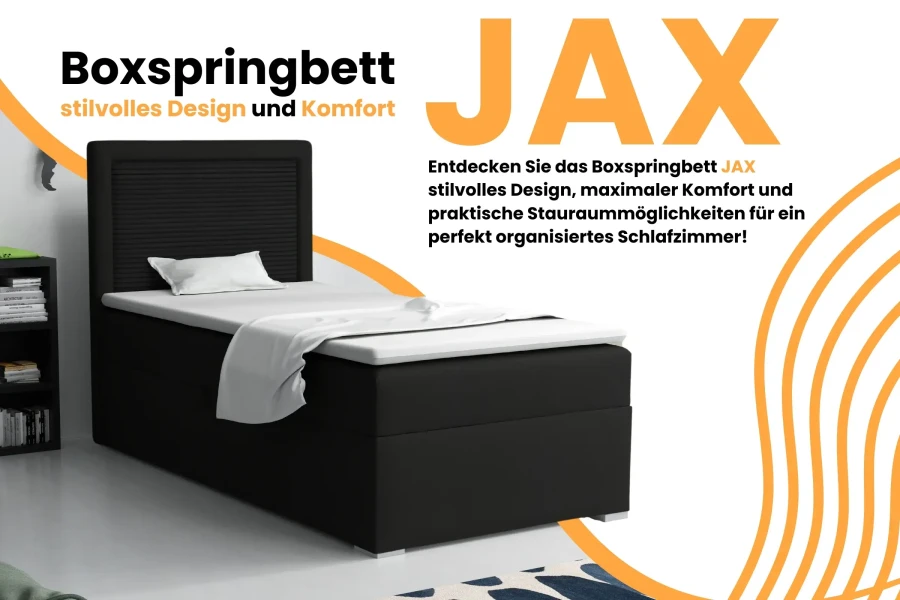 Boxspringbett JAX in Schwarz mit stilvollem Design und praktischem Stauraum für ein modernes Schlafzimmer.