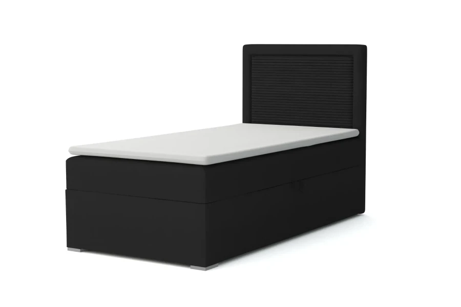 Modernes schwarzes Boxspringbett JAX mit hohem Kopfteil und weißer Matratze, freigestellt auf weißem Grund.