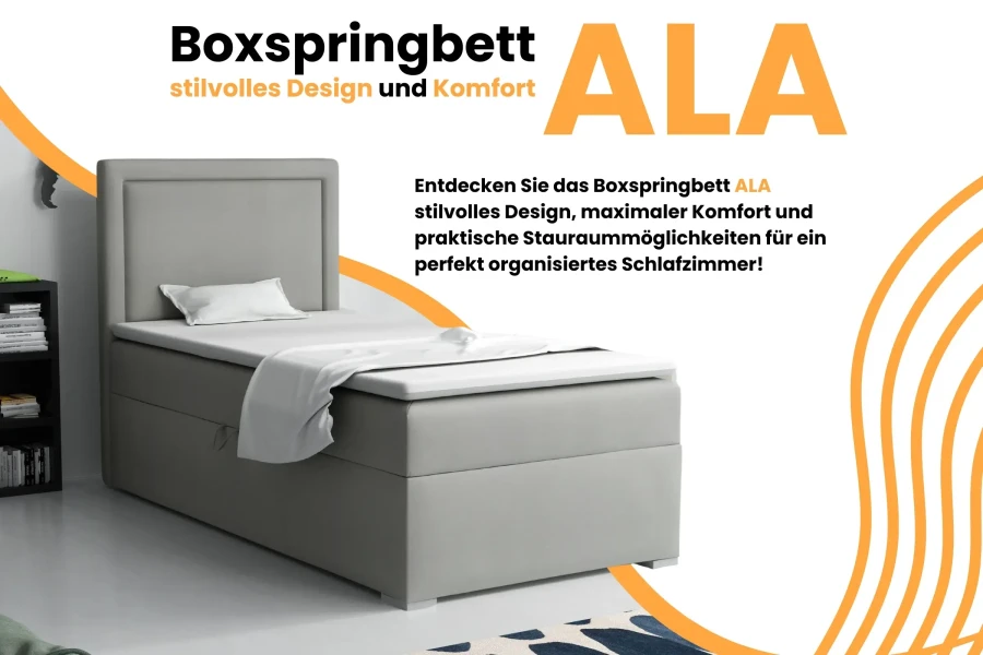 Produktvorteile des Boxspringbetts ALA: Komfort und praktischer Stauraum.