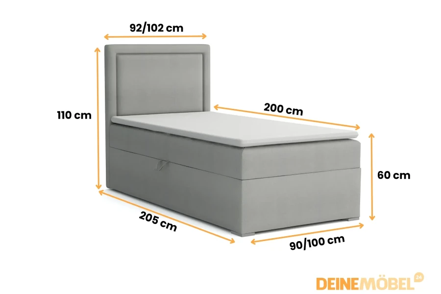 Maße des Boxspringbetts ALA: 90/100x200 cm Liegefläche und Details.