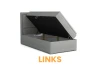 Graues Boxspringbett mit Bettkasten, linksseitig aufklappbar für zusätzlichen Stauraum.