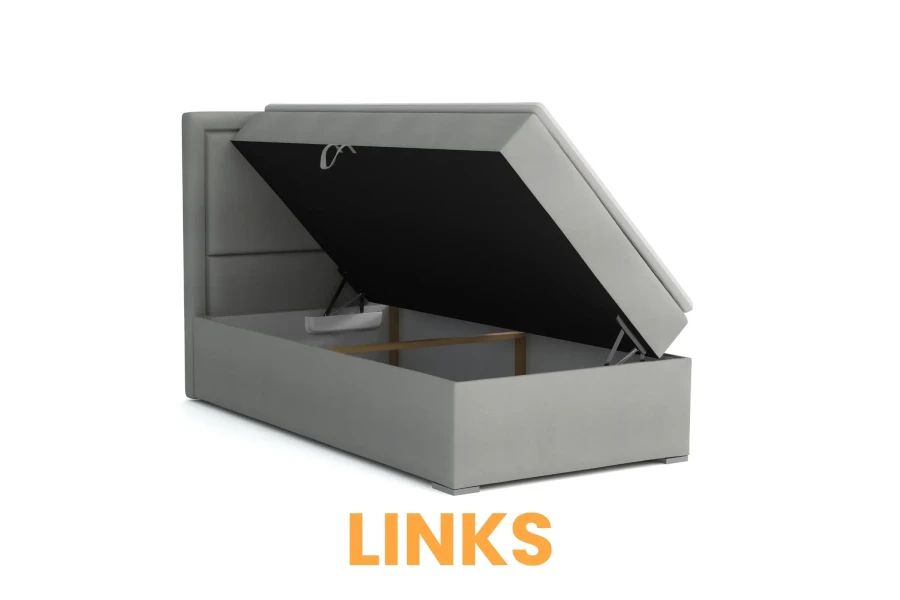 Graues Boxspringbett mit Bettkasten, linksseitig aufklappbar für zusätzlichen Stauraum.