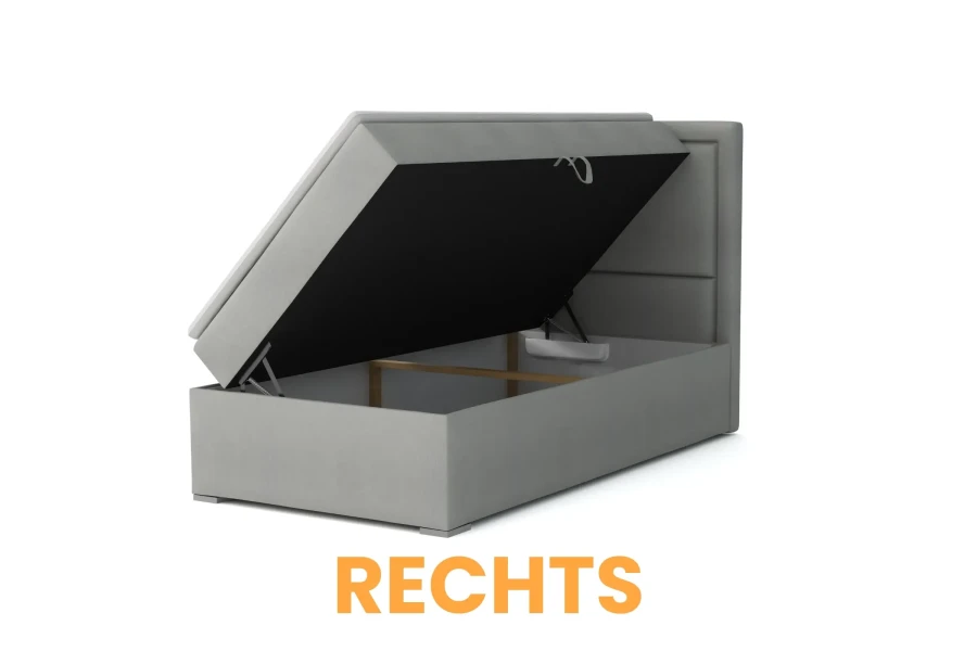 Boxspringbett in Hellgrau mit Bettkasten, rechtsseitig öffnend für Stauraumnutzung.