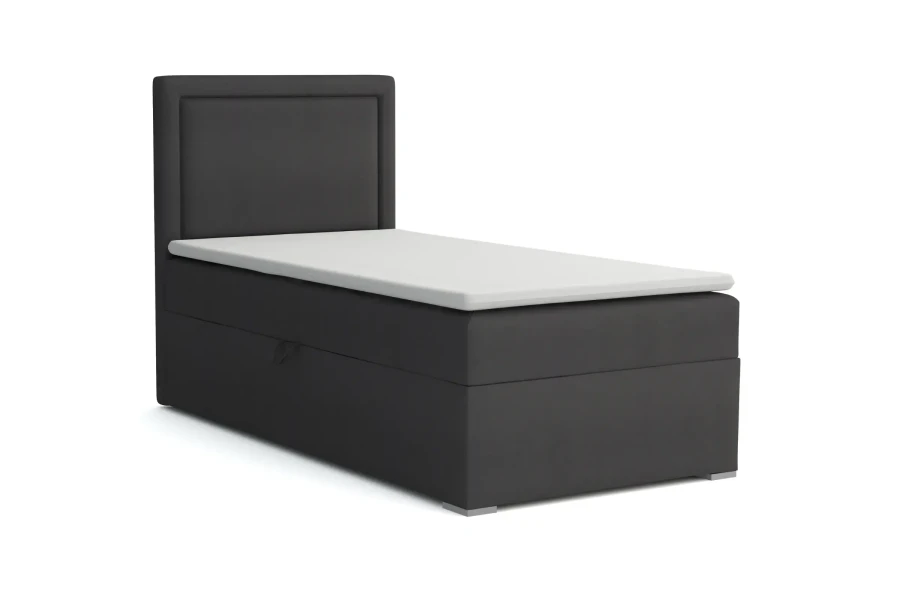 Dunkelgraues Boxspringbett Einzelbett mit Kopfteil und Topper vor weißem Hintergrund.