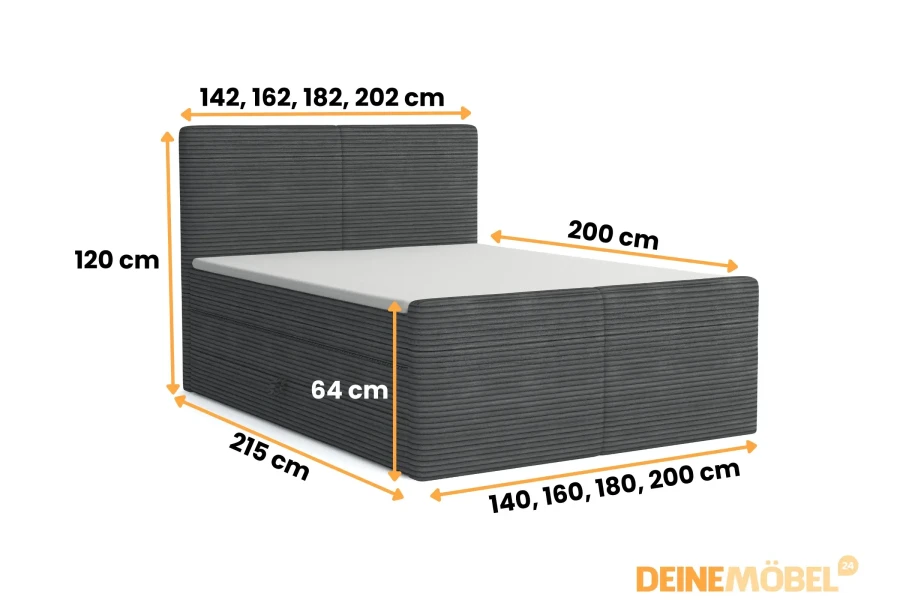 Maße für graues Boxspringbett aus Cordstoff mit hohem Kopfteil