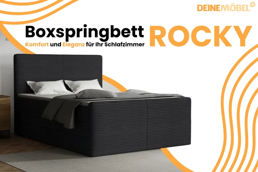 Werbebanner: Boxspringbett Rocky von DeinMöbel24 – Komfort und Eleganz fürs Schlafzimmer.