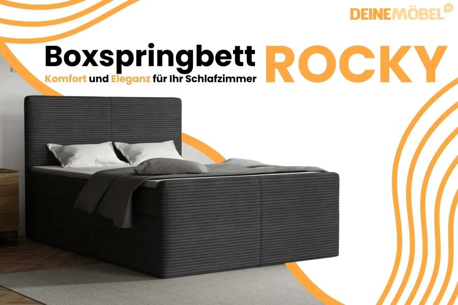 Boxspringbett Rocky in Anthrazit mit Cord-Bezug – Elegantes Doppelbett für das Schlafzimmer.