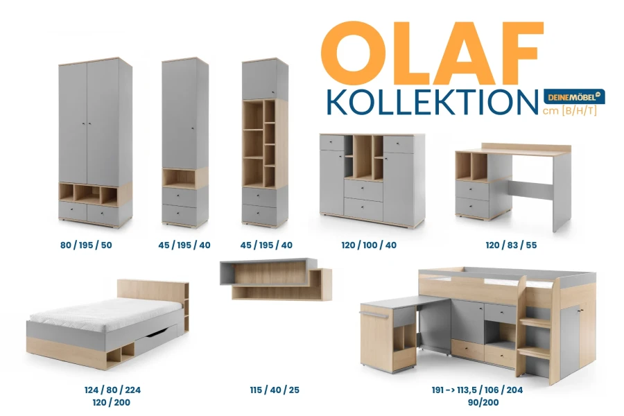 Olaf Kollektion: Übersicht verschiedener Jugendzimmermöbel in Grau und Eiche-Optik mit Maßangaben.