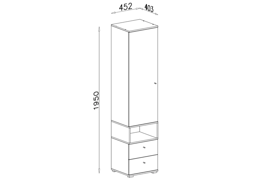 Maßzeichnung für schmalen Kinderzimmerschrank: Höhe 195 cm, Breite 45,2 cm, Tiefe 40,3 cm.