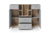 Geöffnetes Sideboard in Grau und Eiche zeigt geräumigen Stauraum mit Fachböden und Schubladen.