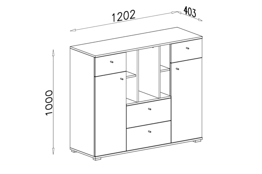 Technische Zeichnung Sideboard Olaf mit Maßen 1202x1000x403 mm für Jugendzimmer.