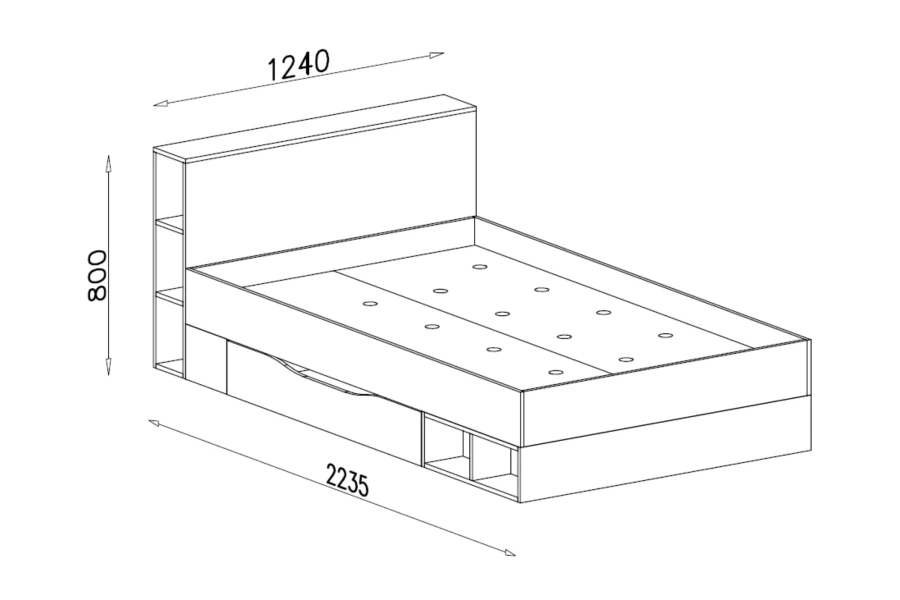 Technische Zeichnung vom Jugendbett Olaf mit Maßen 124x223 cm und Stauraum.