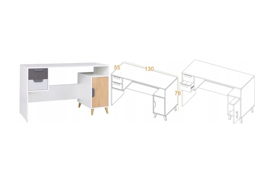 Abmessungen des Schreibtischs: 130x76x55 cm mit technischer Zeichnung und Detailansichten.
